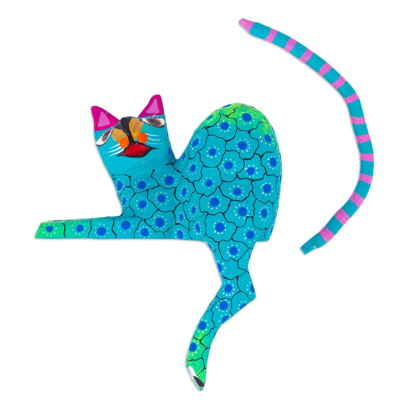 Novica Handmade Aqua Cute Cat Wood Alebrije Shelf Sitter Figurine