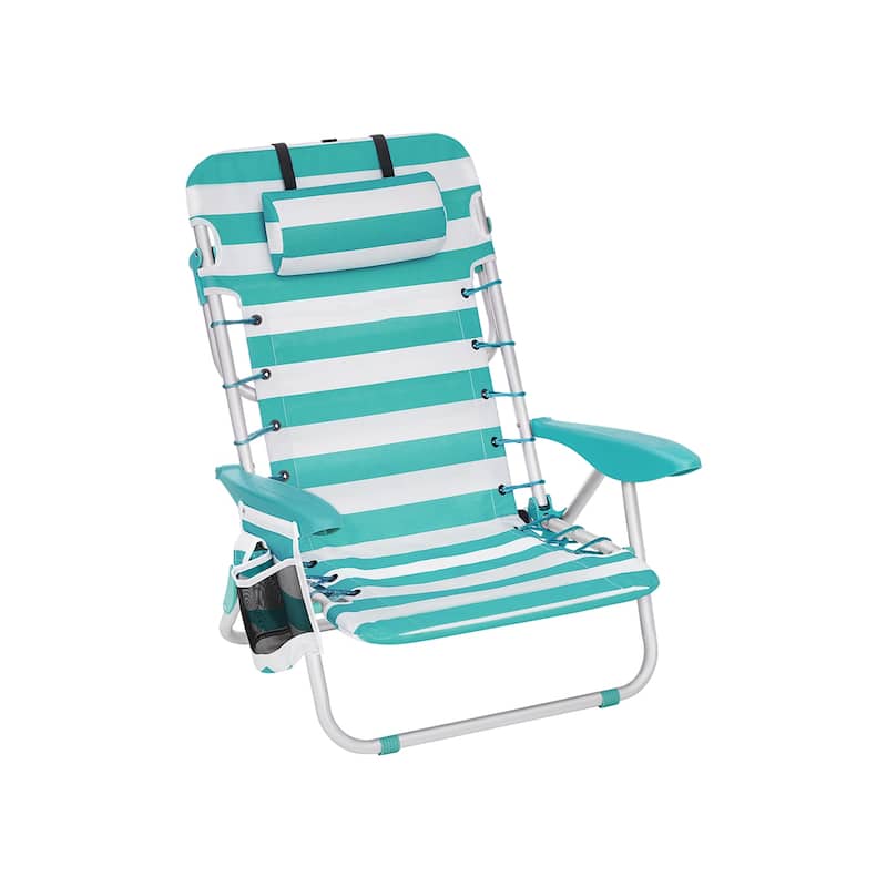 Folding Beach Chair with 4-Position Adjustable Backrest and Portable Low Seat Mesh Storage Pockets - 26.8"D x 24.8"W x 29.5"H - Green-White