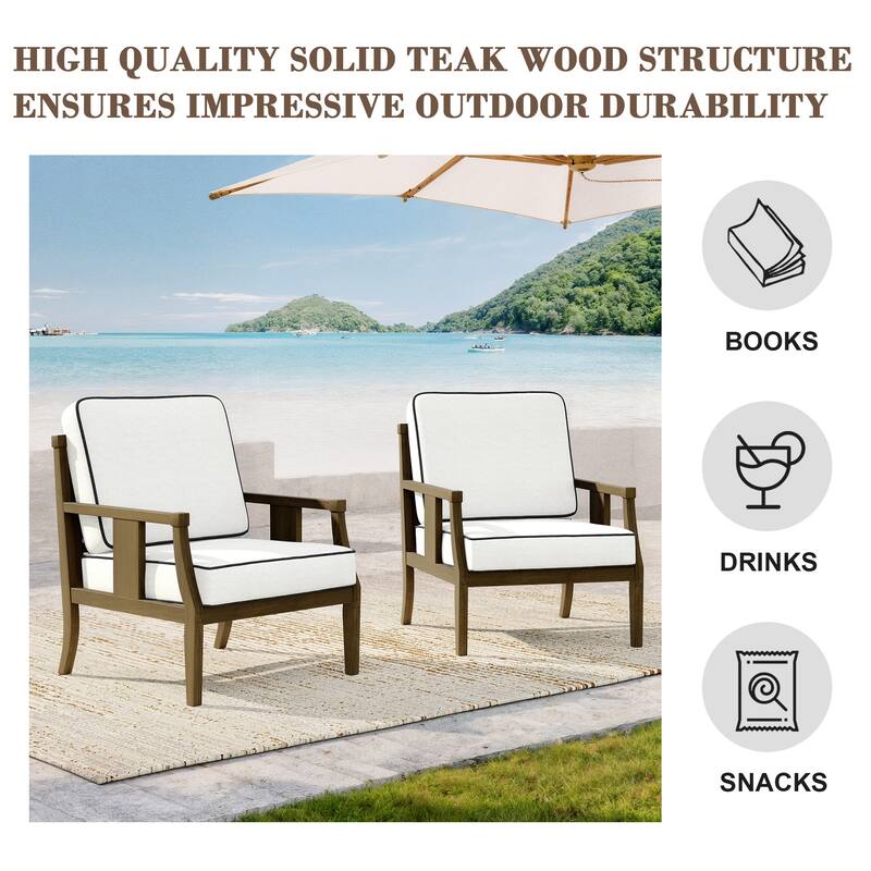 2 Set Brown Wood Outdoor Accent Club Chairs with Water-Resistant Cushions