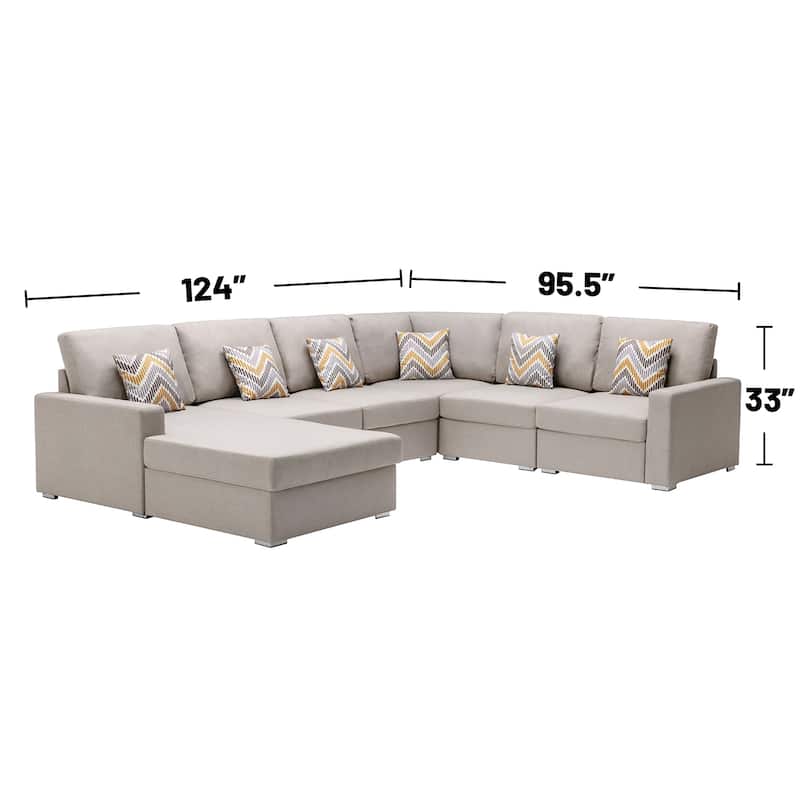 Linen Fabric 6 Piece Reversible Chaise Sectional Sofa with 6 Pillows and Interchangeable Legs
