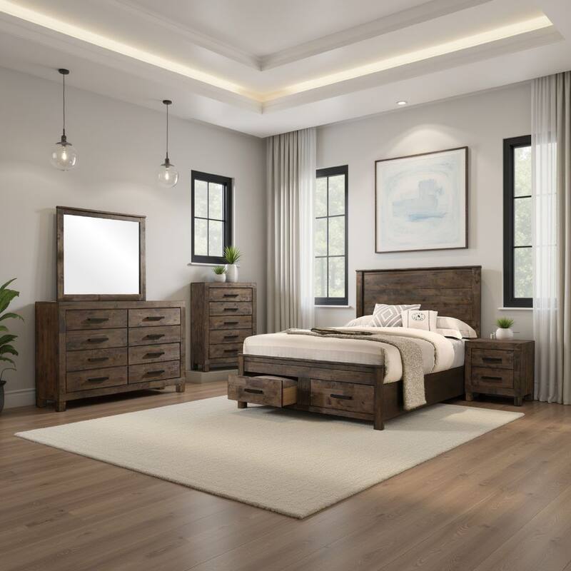 Frio 5pc Queen Bedroom Set with Footboard Storage, Rustic Golden Brown