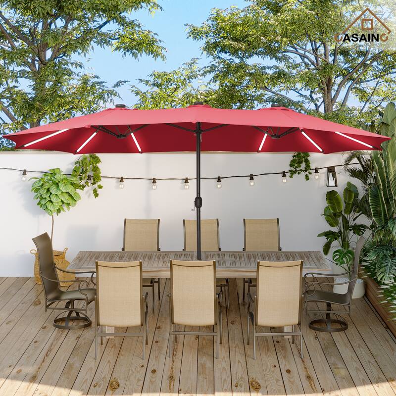 15 ft. Crank Double-sided Solar LED Ultra Lighted Outdoor Market Umbrella with Base Included
