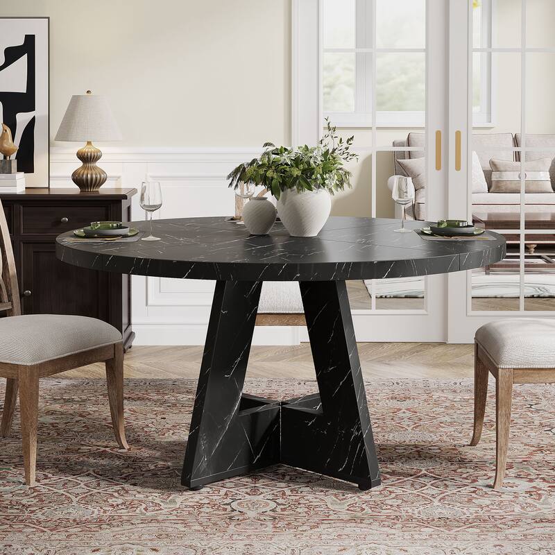 47" Round Dining Table for 4-6 People Rustic Wood Table with Pedestal Base for Kitchen Dining Room Living Room