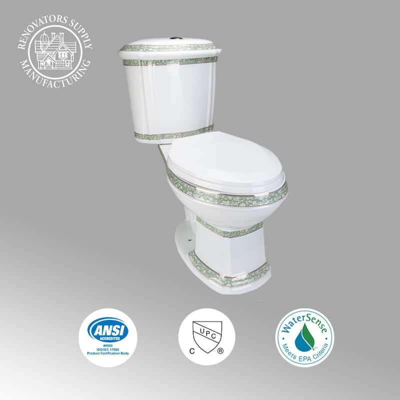 India Reserve Green and Gold Accent Two Piece Toilet Elongated with 0.8 GPF/1.6 GPF WaterSense Dual Flush