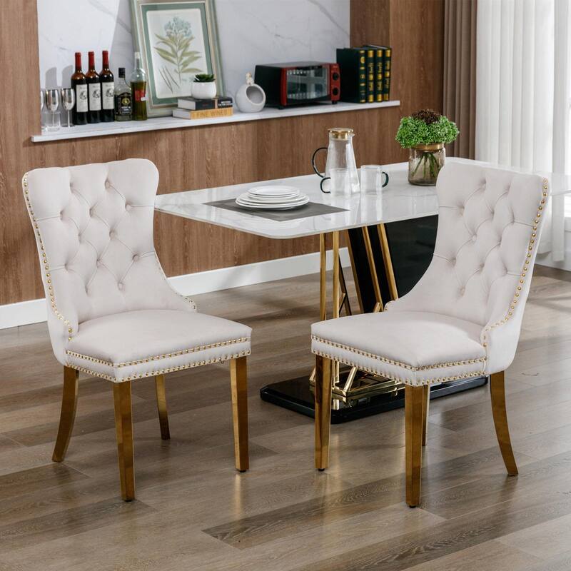 Tufted Velvet Dining Chairs - Solid Wood - Golden Stainless Steel Legs - Nailhead Trim - Set of 2
