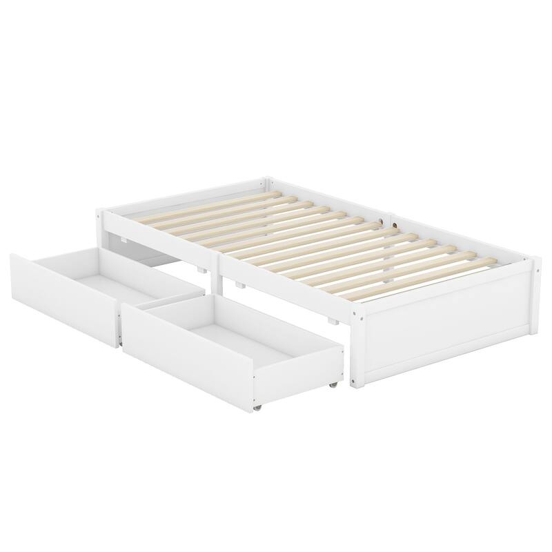 Wood Daybed with Fence Guardrails and 2 Drawers, Split into Independent Floor Bed & Daybed
