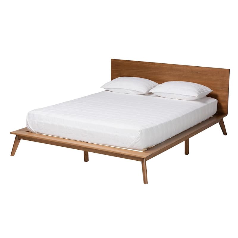 Mid-Century Modern Queen Bed - Walnut Brown Platform Bed with Wood Slats, No Box Spring Needed, 71.4"L x 86.5"W