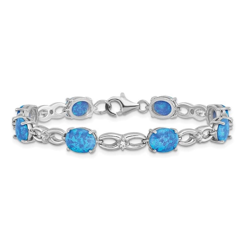 Curata 925 Sterling Silver 7.25" Rhodium-plated Blue Simulated Opal and Cubic Zirconia Bracelet