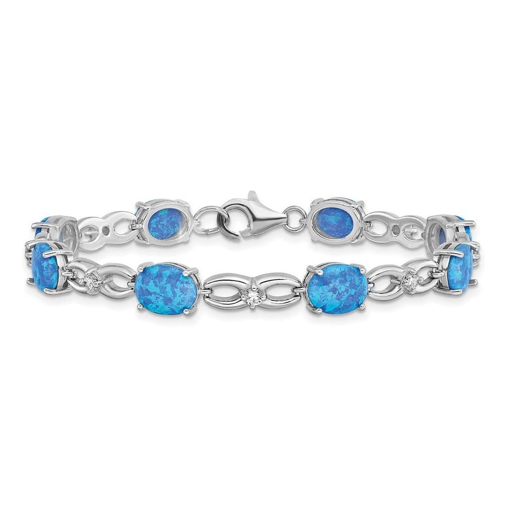 Curata 925 Sterling Silver 7.25" Rhodium-plated Blue Simulated Opal and Cubic Zirconia Bracelet