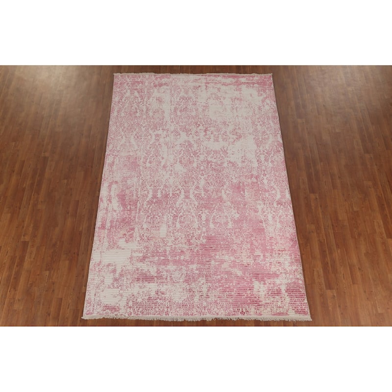 Striped Pink Abstract Modern Area Rug Hand-Knotted Wool Carpet - 6'5"x 9'8"