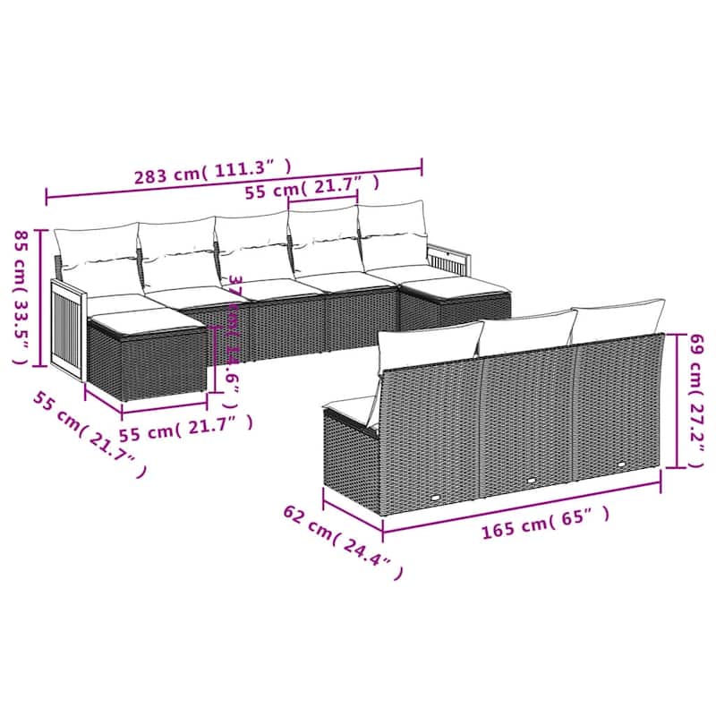 vidaXL Patio Sofa Set with Cushions Outdoor Conversation Furniture Poly Rattan - 21.7 x 21.7 x 14.6