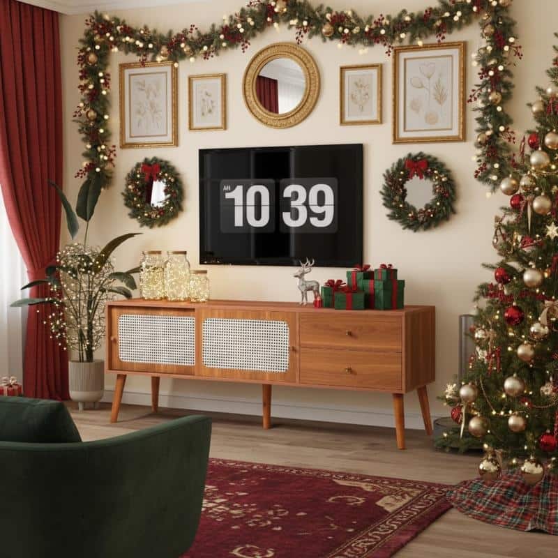 62.9"W Mid-Century TV Stand with Sliding Doors & Drawers, Entertainment Center TV Console Table with Rattan Doors, For 70"TV