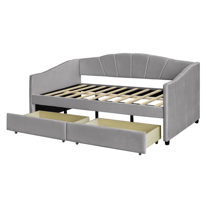 Twin Size Daybed Frame Rays Pattern Design Velvet Upholstered Daybed with 2 Drawers or Trundle, Wood Slat Support
