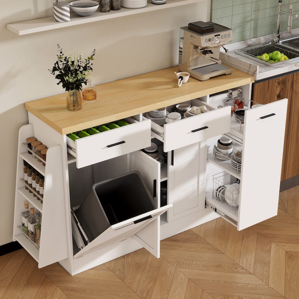 Anmytek White Kitchen Island Sideboard with Trash Can Storage Sliding Door Cabinet and 3-Tier Spice Rack