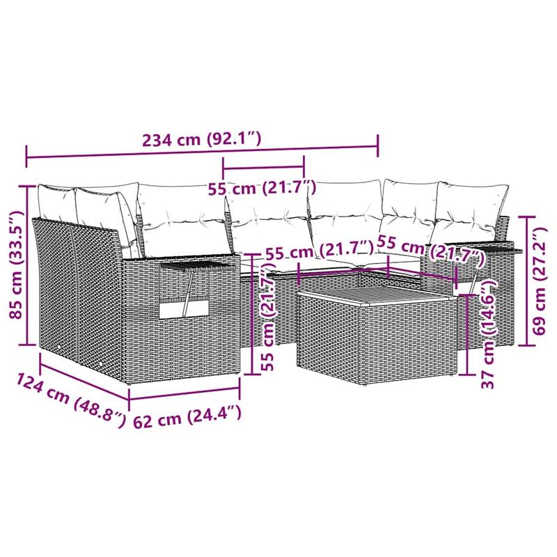 vidaXL Patio Sofa Set with Cushions Outdoor Furniture 7 Piece Poly Rattan - 24.4 x 24.4 x 27.2