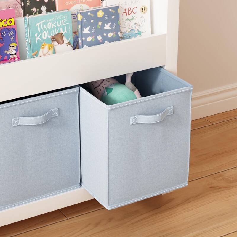 Kids Bookshelf with 3 Tier Front-Facing Storage and 3 Fabric Bins, Wooden Toddler Bookcase for Playroom, Nursery, Bedroom