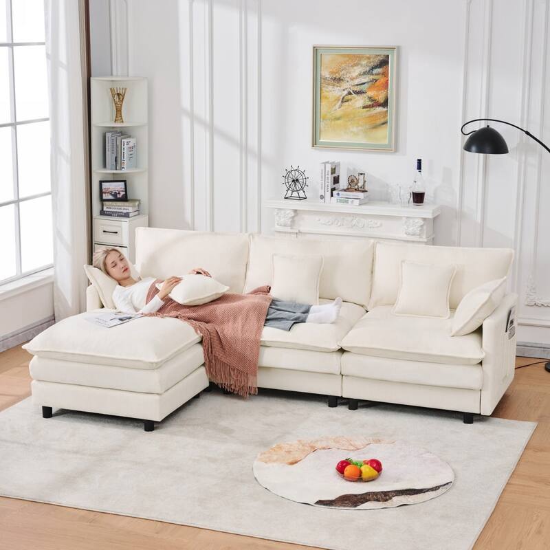 101.9" L-shaped Cashmere Sectional Sofa with Pillows and Movable Ottoman