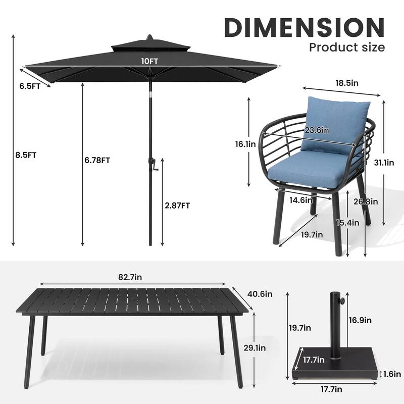 9/11-PieceOutdoor Patio Dining Set with Sunbrella Cushions Aluminum Dining Table and Chairs w/10 ft Umbrella and Base