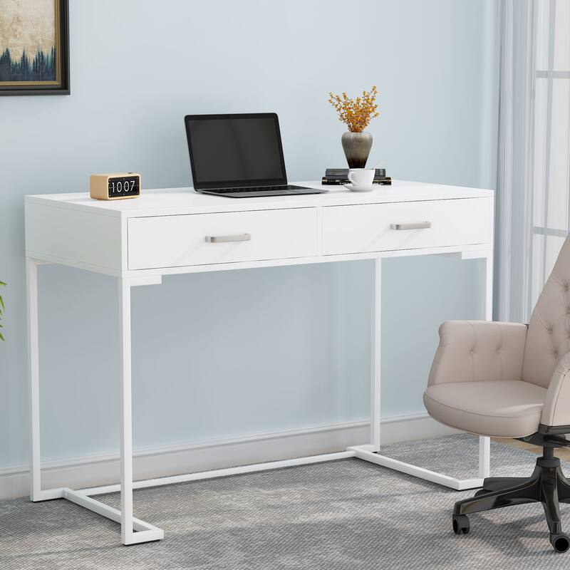 Modern Simple Computer Desk Writing Table with 2 Drawers for Home Office - White
