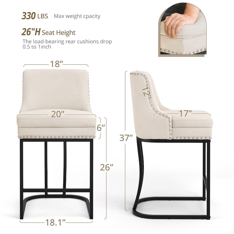 26" Modern Metal Barstools Set of 2 Upholstered Counter Height Bar stools with Back and 6" Thick Cushion for Kitchen Island
