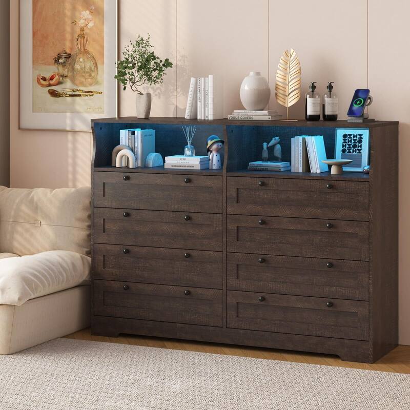 8 Drawers Wooden Dressers for Bedroom Living Room, Hallway, Wood Dressers with Led Lights and Charging Station