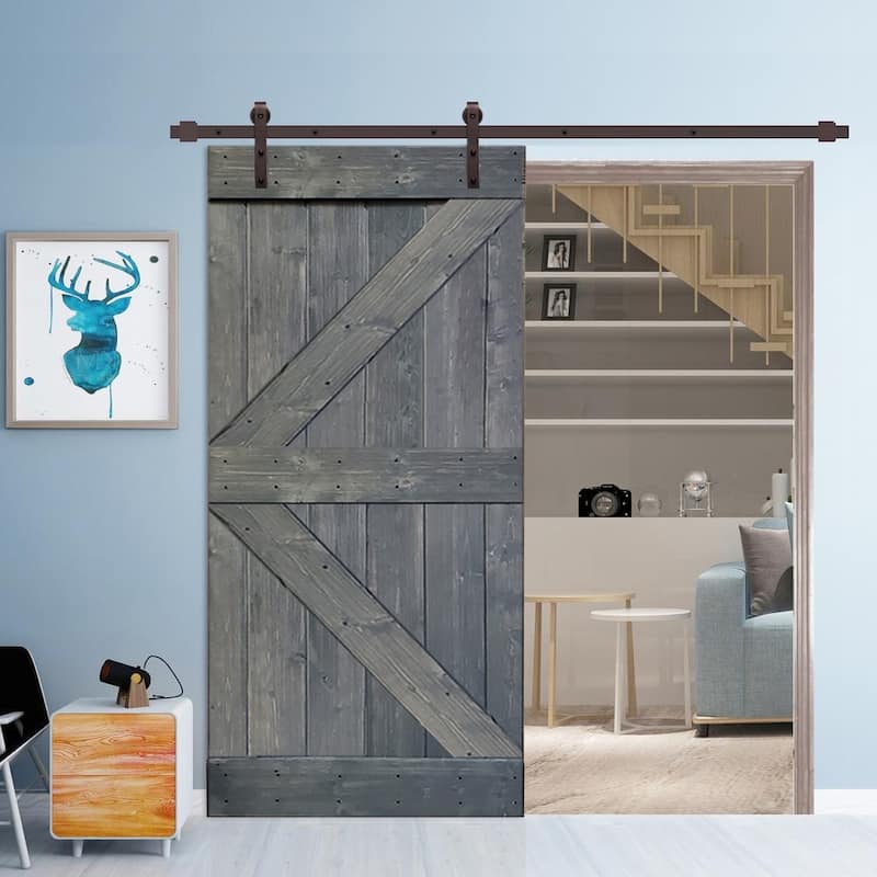 36 in x 84 in Gray Stained K Style Wood Barn Door w/ Sliding Hardware ...