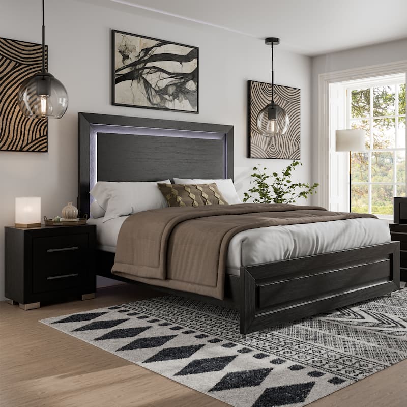 Furniture of America Alaric Modern 2-Piece Black Wood Panel Bedroom Set with LED Headboard