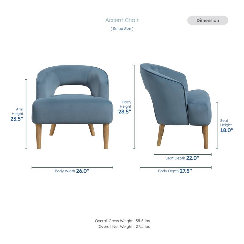 Elise 26" Velvet Accent Chair - Light Walnut Finish Solid Wood Legs