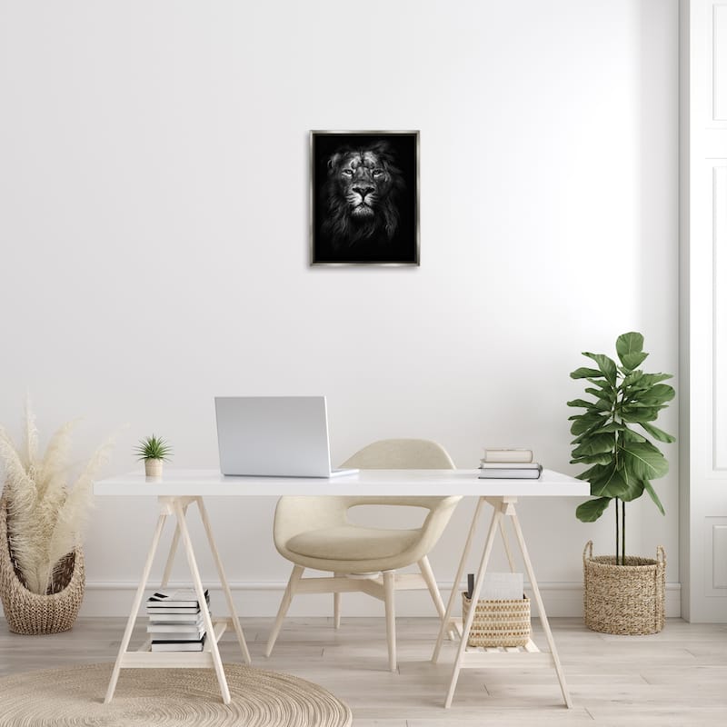 Stupell King of the Jungle Lion In Shadows Black and White Photography Floater Frame