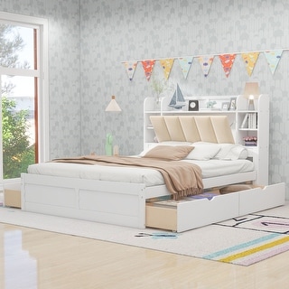 Wood Queen Size Platform Bed with Upholstered Storage Headboard, Shelves, and 4-Drawers, White Finish