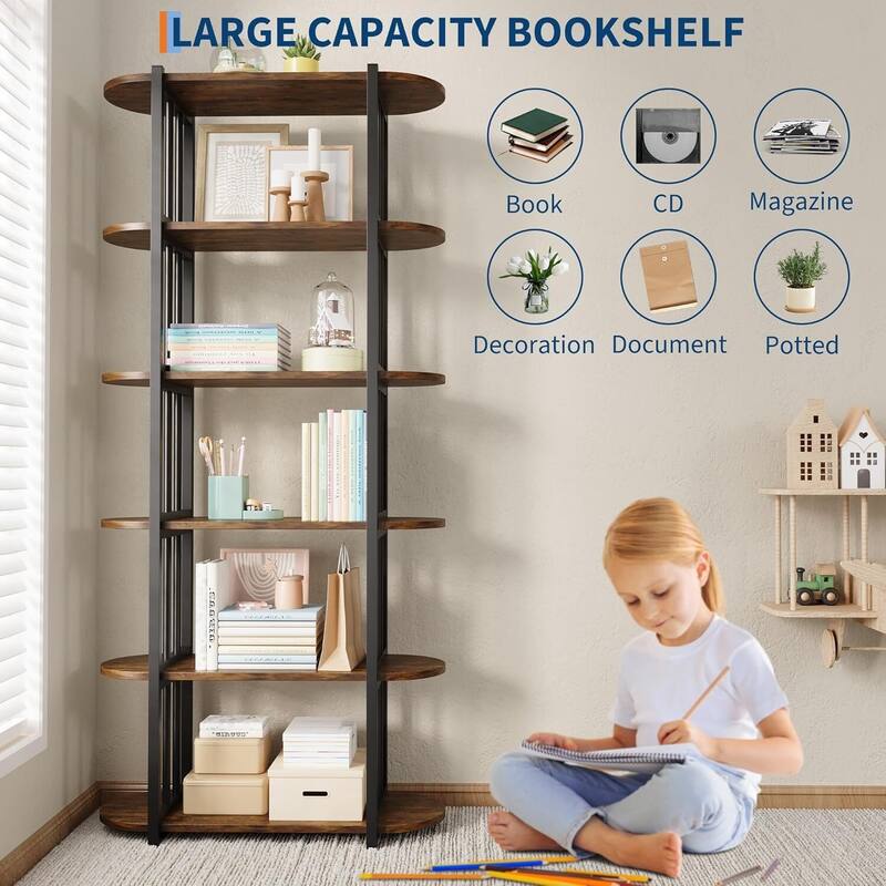 6 Tier 71" Freestanding Open Storage Industrial Bookshelf, Bookcase for Bedroom, Living Room