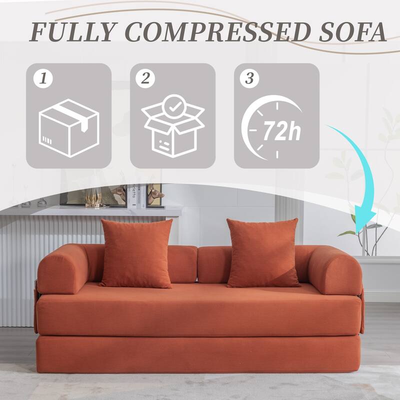 Foldable Modular Couch Sleeper Loveseat Sofa Bed with Storage Side Pocket, Detachable Metal Frame and Corduroy Fabric Cover