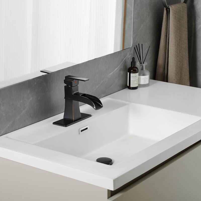 Modern Single Handle Waterfall Bathroom Sink Faucet with Pop Up Drain and Supply Line, Corrosion and Rust Resistant - Brown