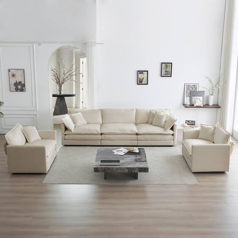 5-Seat Chenille Sofa Set with Round Arms (3+2 Seater) - Beige