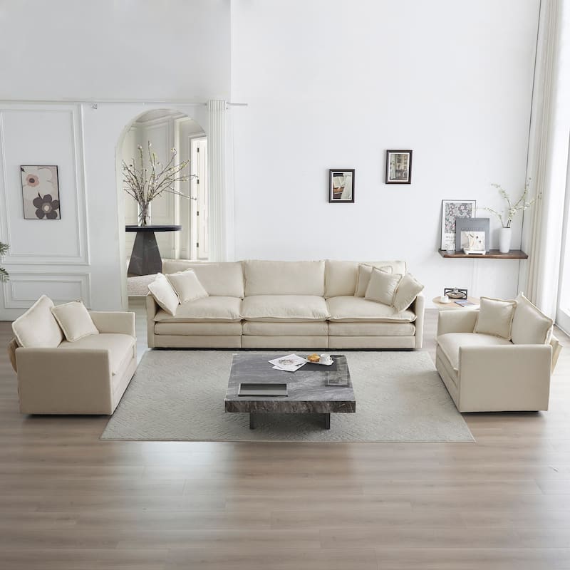 GDFStudio - Davinia Chenille 3 Seats Sofa with 2 Accent Chairs Set - Beige