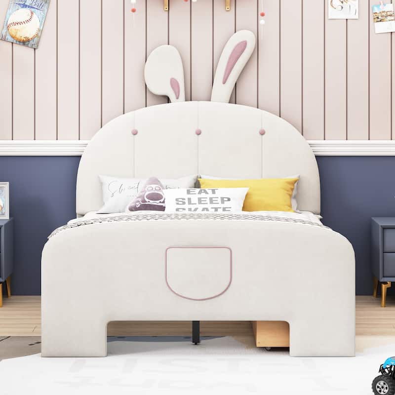 Full Size Velvet Bed with Rabbit-Shaped Headboard and Drawers