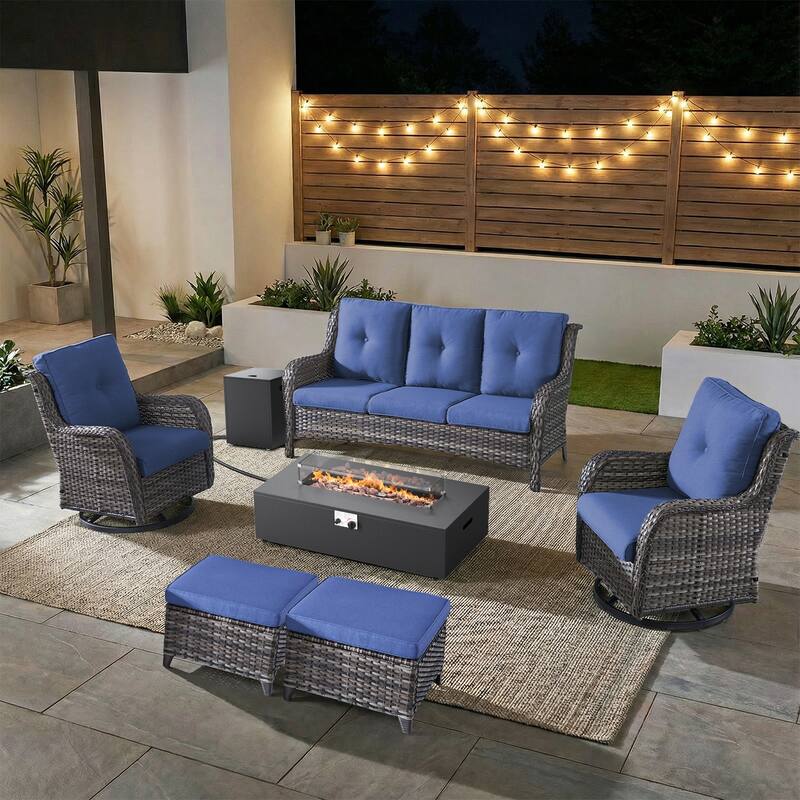 Pocassy Patio 5/7 Piece Sofa Swivel Chair Ottoman with Fire Pit Table - Gray Wicker Blue Cushion - 7-Piece Sofa Swivel Chair Ottoman with Fire Table