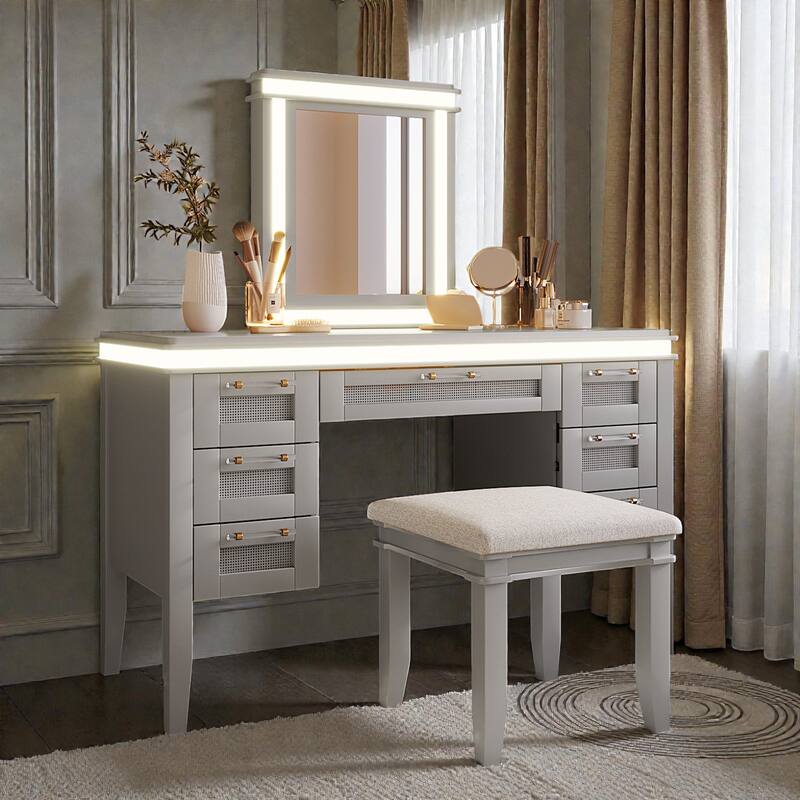 48" Makeup Vanity Desk with Mirror and Lights, 7-Drawer Dressing Table with Cushioned Stool, Classic Finish