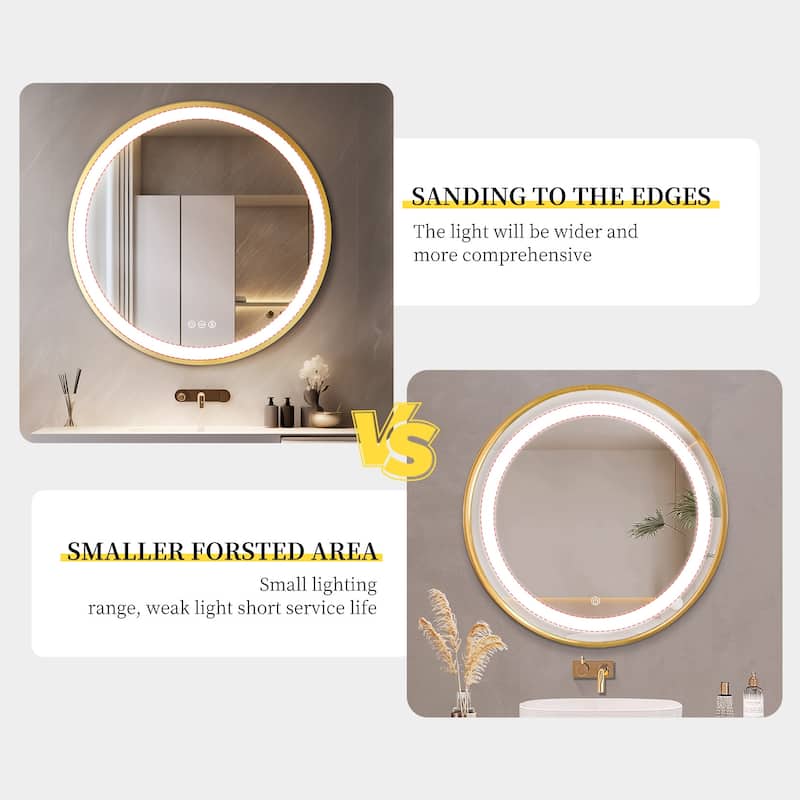 Gold Aluminum Framed Round Bathroom Vanity Mirror Dimmable Illuminated Wall Mirror