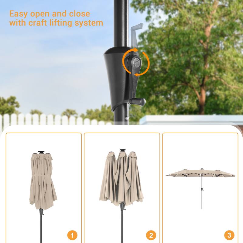 LIVOOSUN 13 x 7.2ft Large LED Double-Sided Rectangular Outdoor Patio Market Umbrella with Crank, Solar Panel, Navy Blue