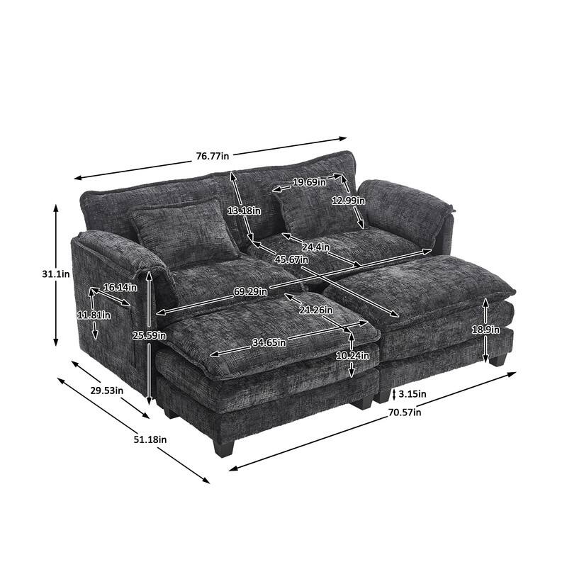 76.77" Chenille Upholstered Sofa with 2 Ottomans