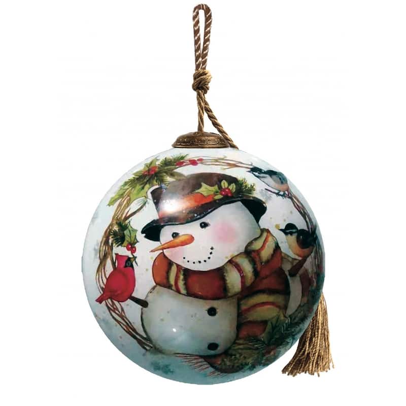 Winter Wreath Forest Snowman Hand Painted Mouth Blown Glass Ornament - 3"x 3" x 3"
