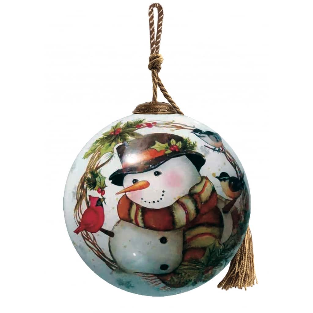 Winter Wreath Forest Snowman Hand Painted Mouth Blown Glass Ornament - 3"x 3" x 3"