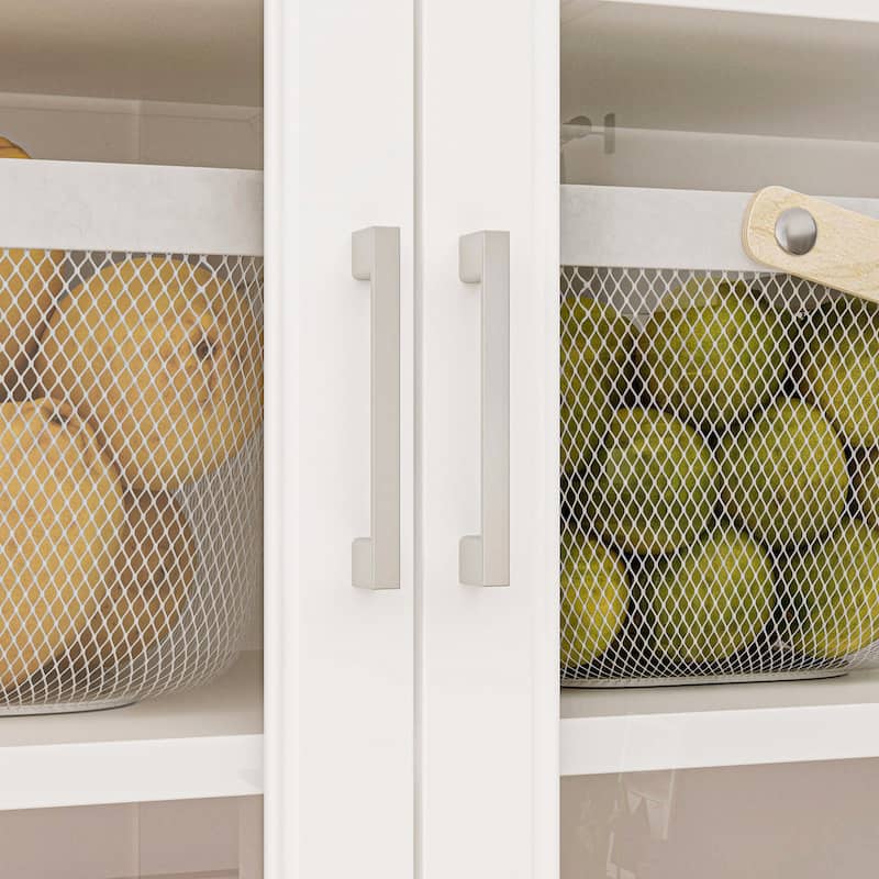 Large Kitchen Pantry Cabinet with Glass Doors and Bottom-Pull Drawers