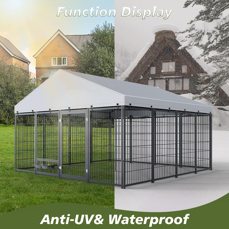 GDF Studio - Rockwell Extra Large Outdoor Dog Kennel with Roof Cover & Feeding System