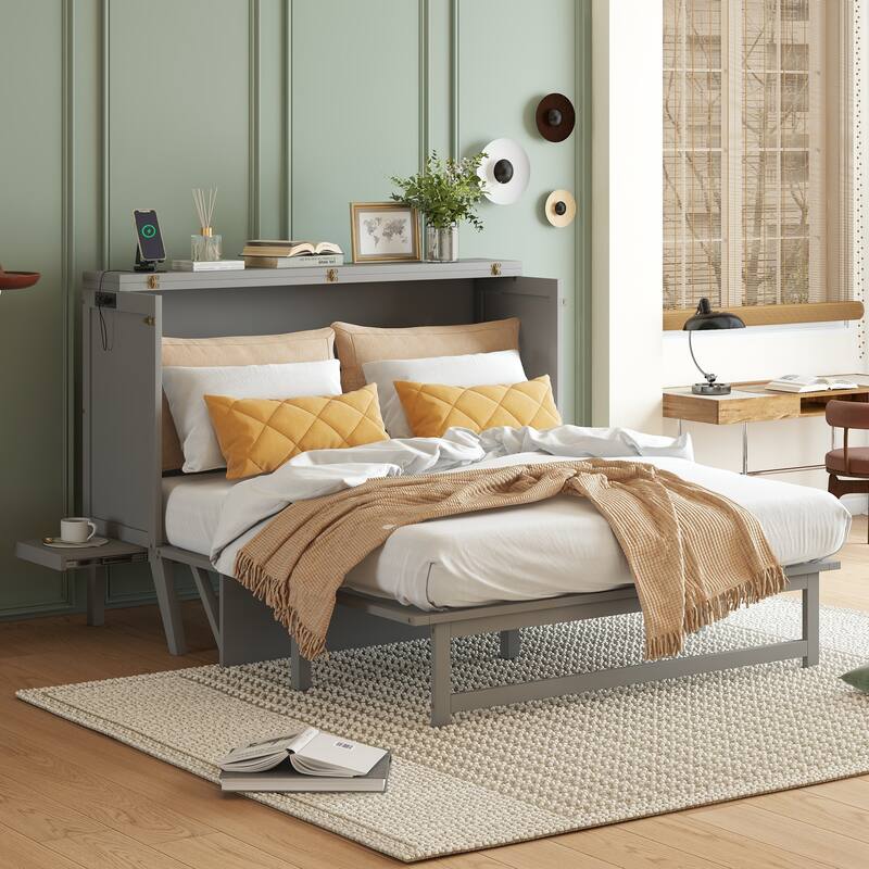 Queen Size Murphy Bed with USB Port and Removable Shelves on Each Side, Solid Pine Murphy Cabinet Bed for Home Office