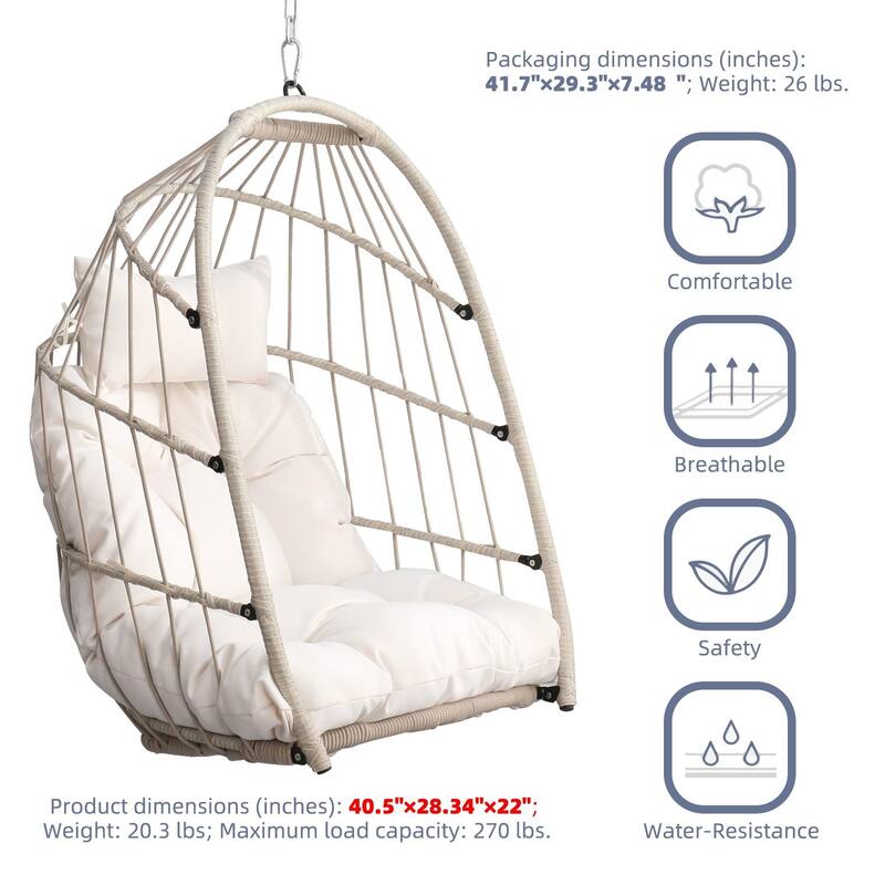 Foldable PE Wicker Hanging Chair with Removable Cushion and Weather-Resistant Design (Outdoor/Indoor Use)