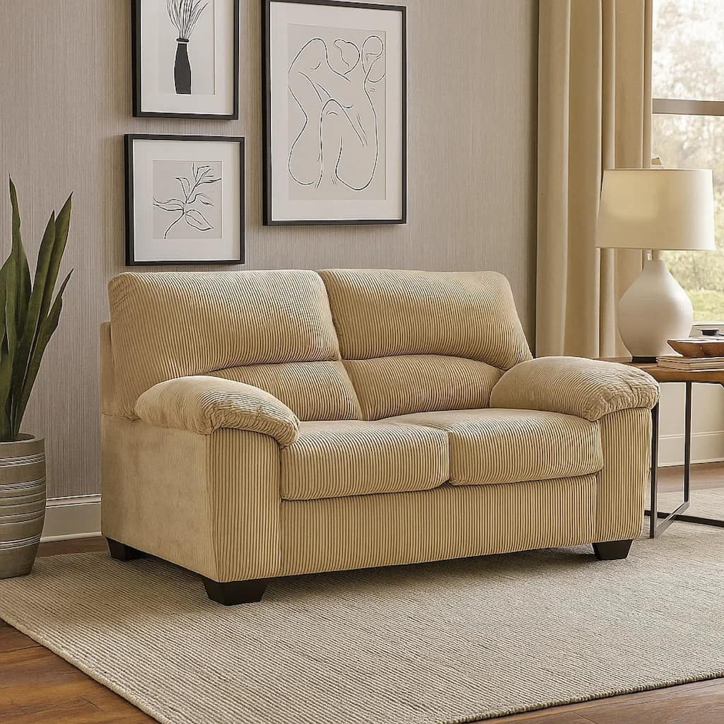 Simy Loveseat, 63 Inch Modern Style Sand Beige Polyester, Pillow Arms