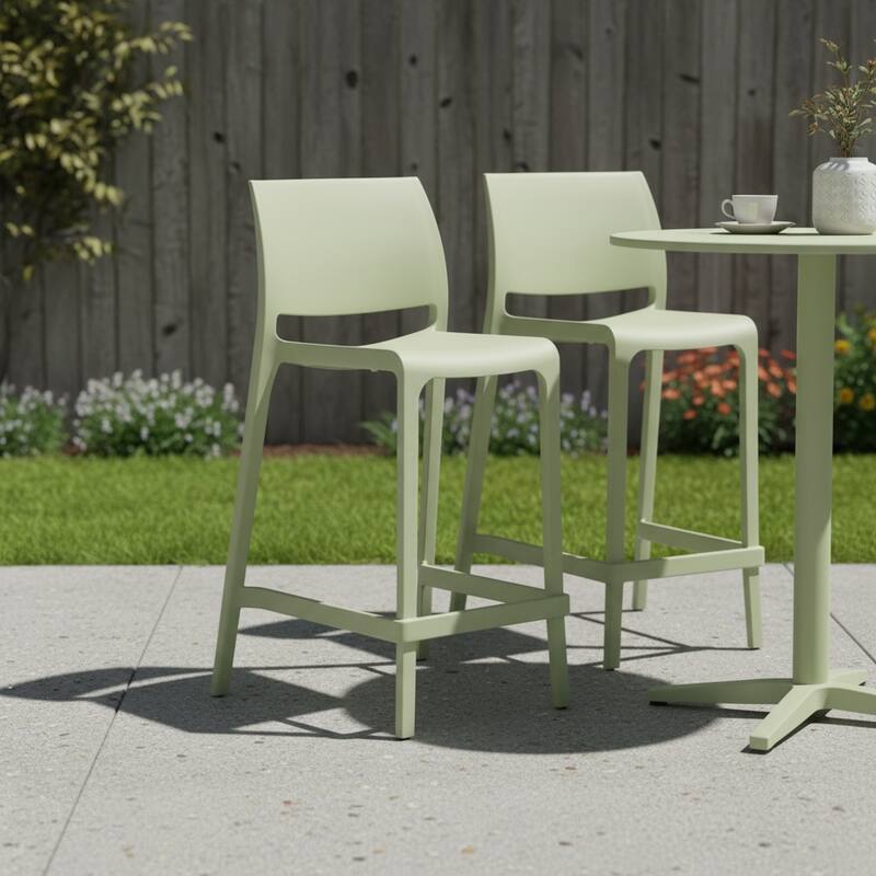 HomeRoots Set of Two 26" Green Heavy Duty Plastic Low Back Outdoor Counter Height Bar Chairs