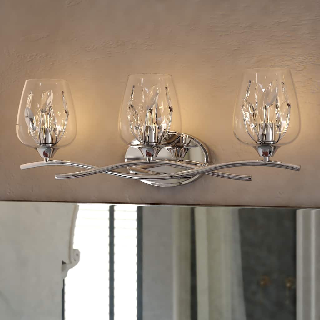 Wilmette 3-Light 24 in. Chrome Crystal Bathroom Vanity Wall Lighting Fixture, Clear Glass Shade, Dimmable LED Compatible